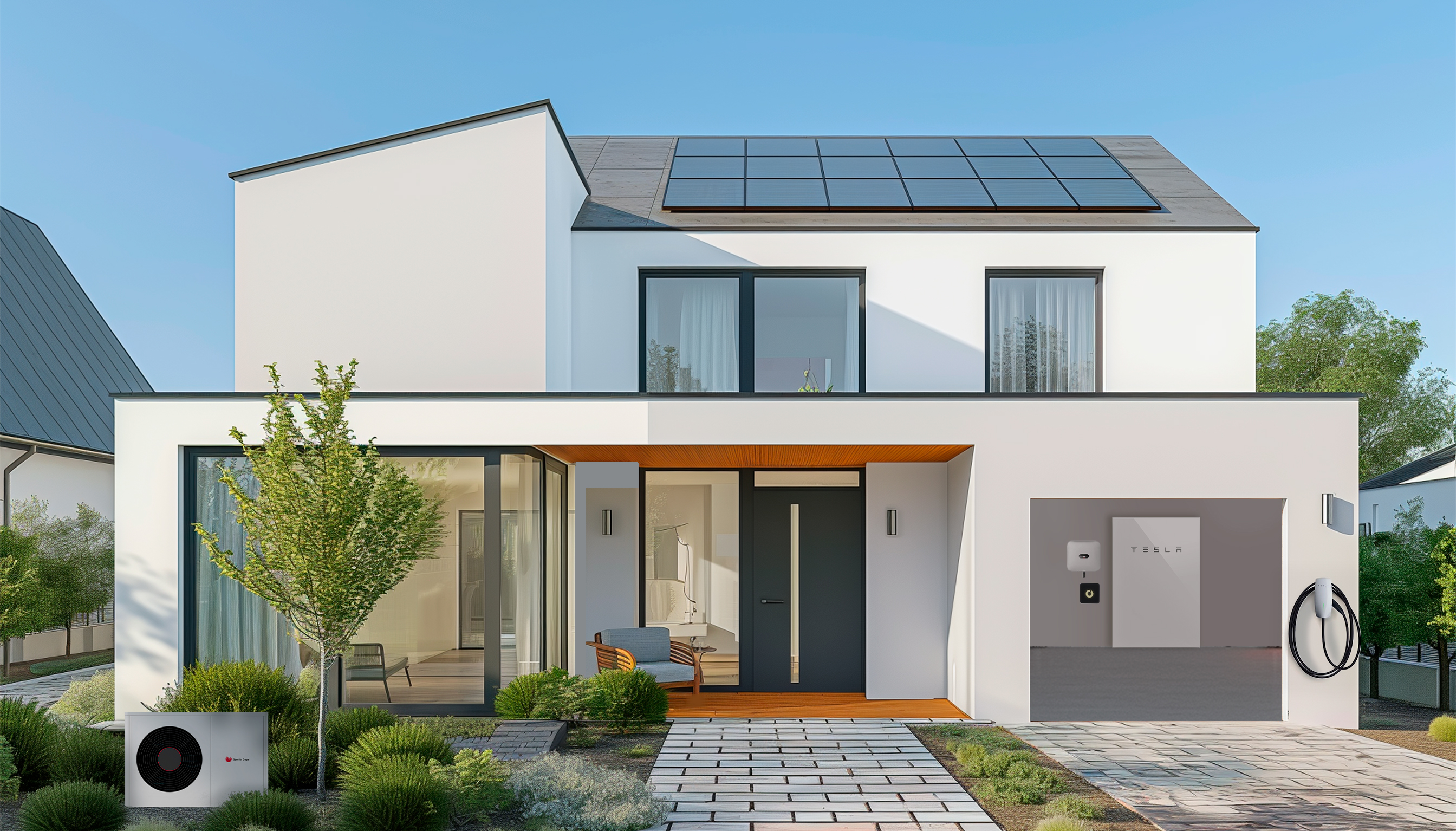 Imagen de una casa con instalación de placas solares, batería, cargador de coche y aerotermia