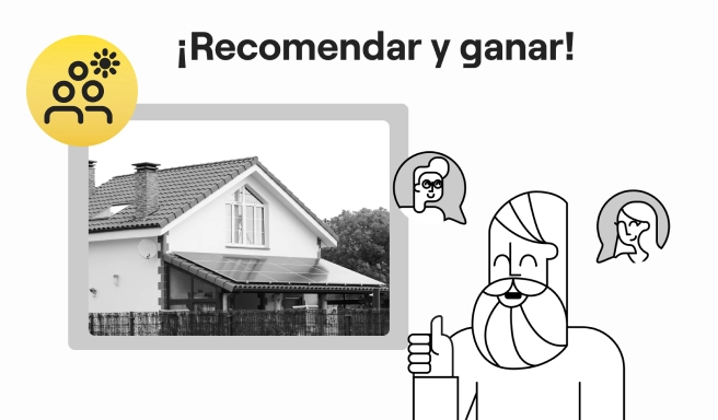 Imagen de una casa con placas solares en el tejado y una ilustración de personas compartiendo
